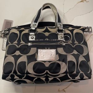 Coach 15860 Poppy Op Art Outline Glam Satchel Shoulder Bag Purse Black and Tan